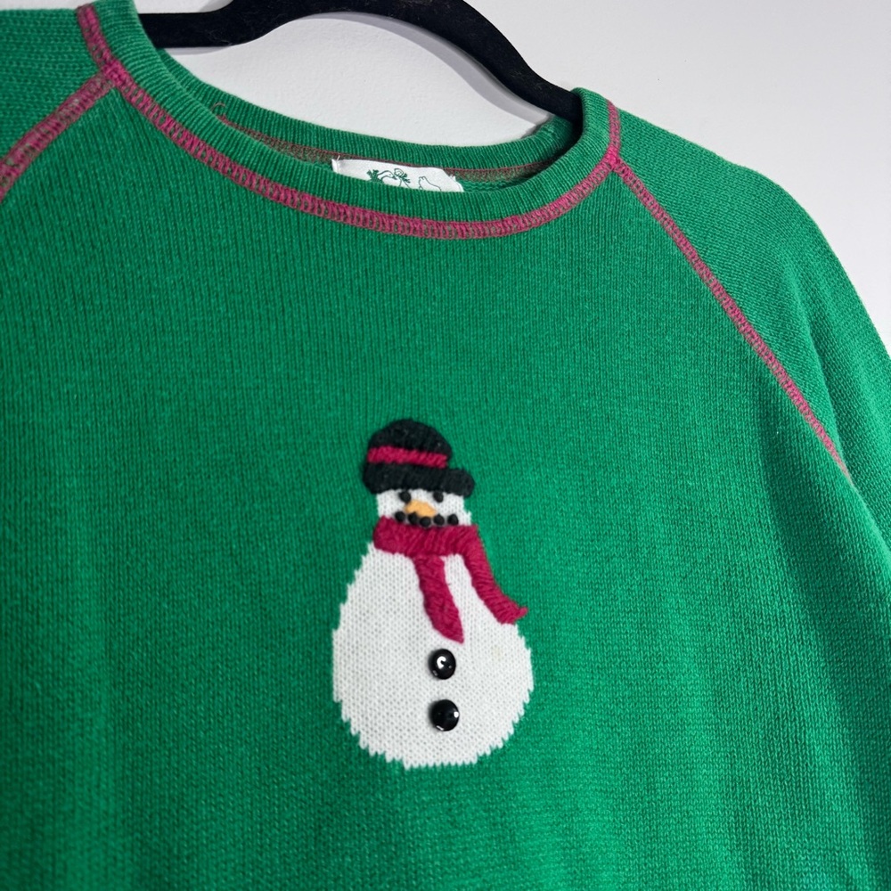 Quacker Factory Snowman Christmas Sweater Green Embroidered Holiday Knit